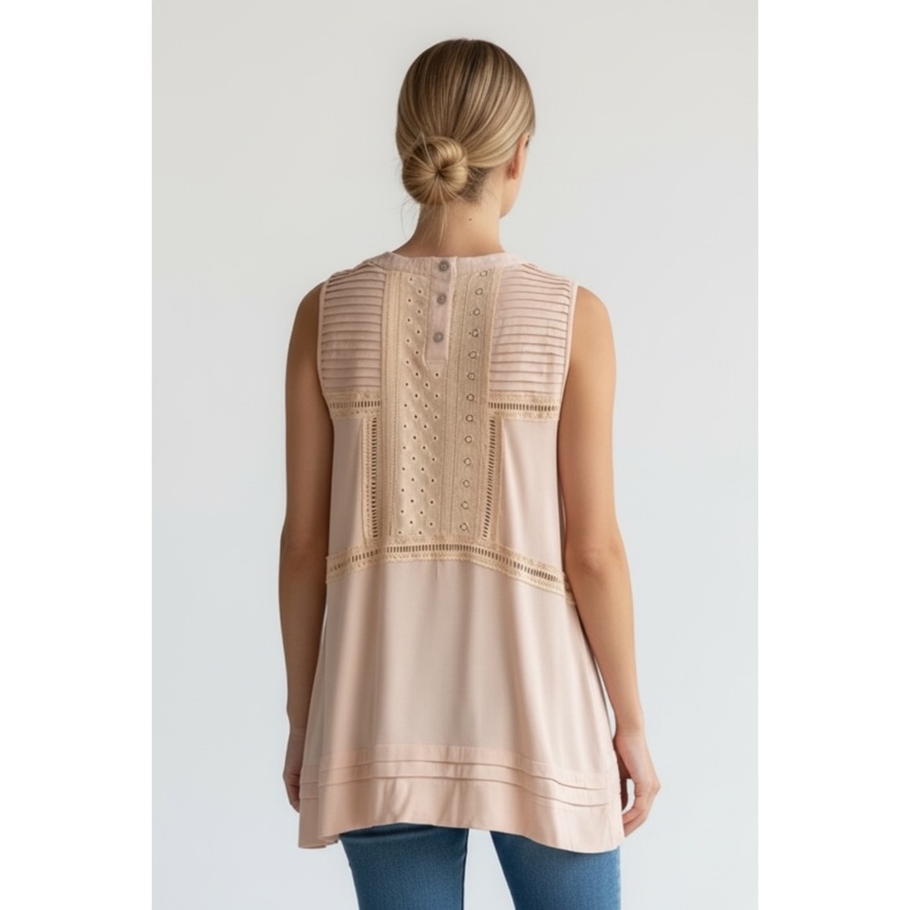 POL Peach Lace Trim Sleeveless Boho Top | Crew Neck  Relaxed Fit Blouse - Picture 3 of 7